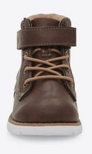 Allen's Bootery brown toddler boots with hook-and-loop closure, memory foam footbed, and white flexible outsole.