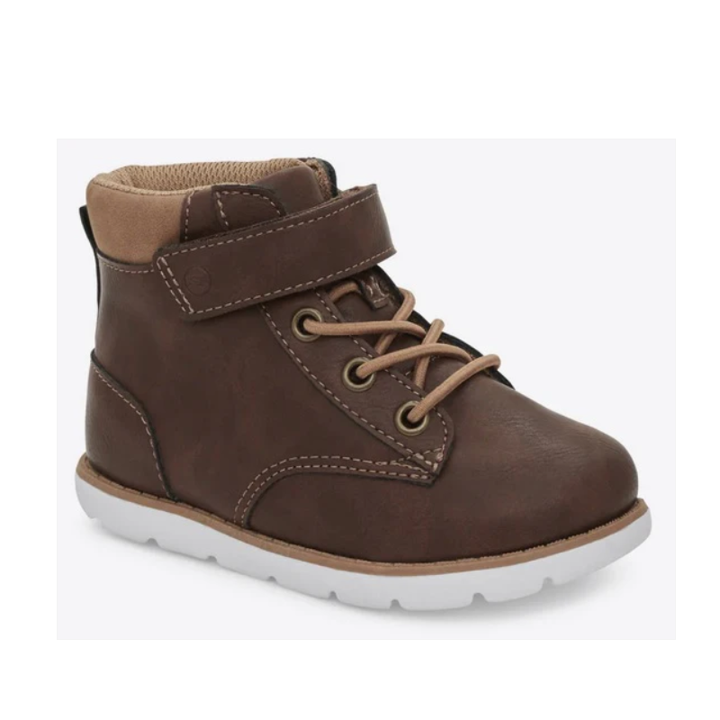 Allen's Bootery brown toddler Jack boots with hook-and-loop closure, memory foam footbed, and white flexible outsole.