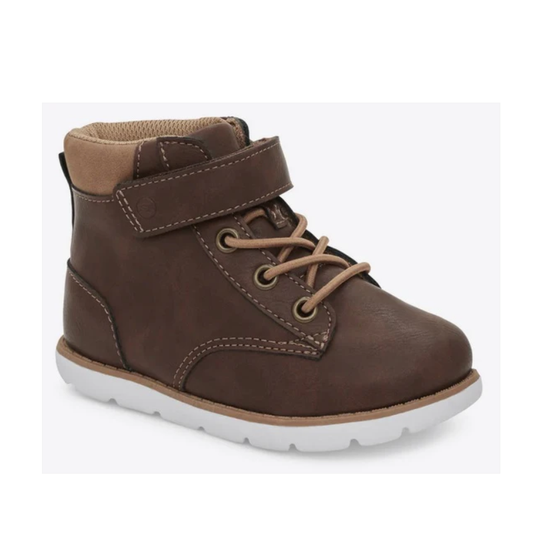 Allen's Bootery brown toddler Jack boots with hook-and-loop closure, memory foam footbed, and white flexible outsole.