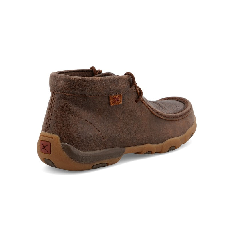Allen's Bootery brown chukka boots featuring a tooled leather-look vamp and a durable slip-resistant rubber outsole.
