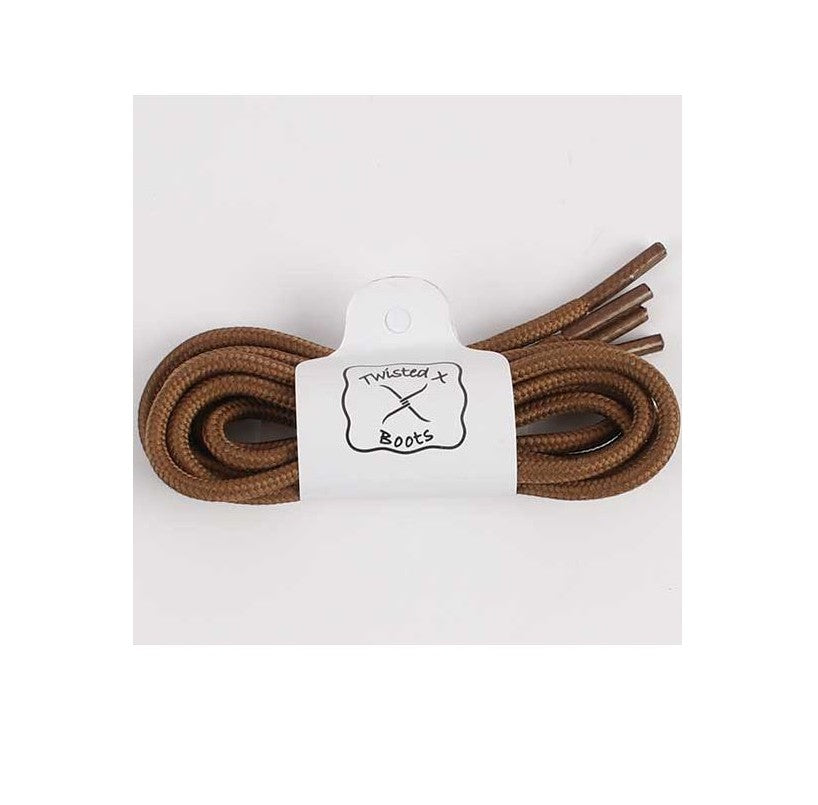 Allen's Bootery brown replacement laces for Twisted X driving mocs, coiled with branded packaging.