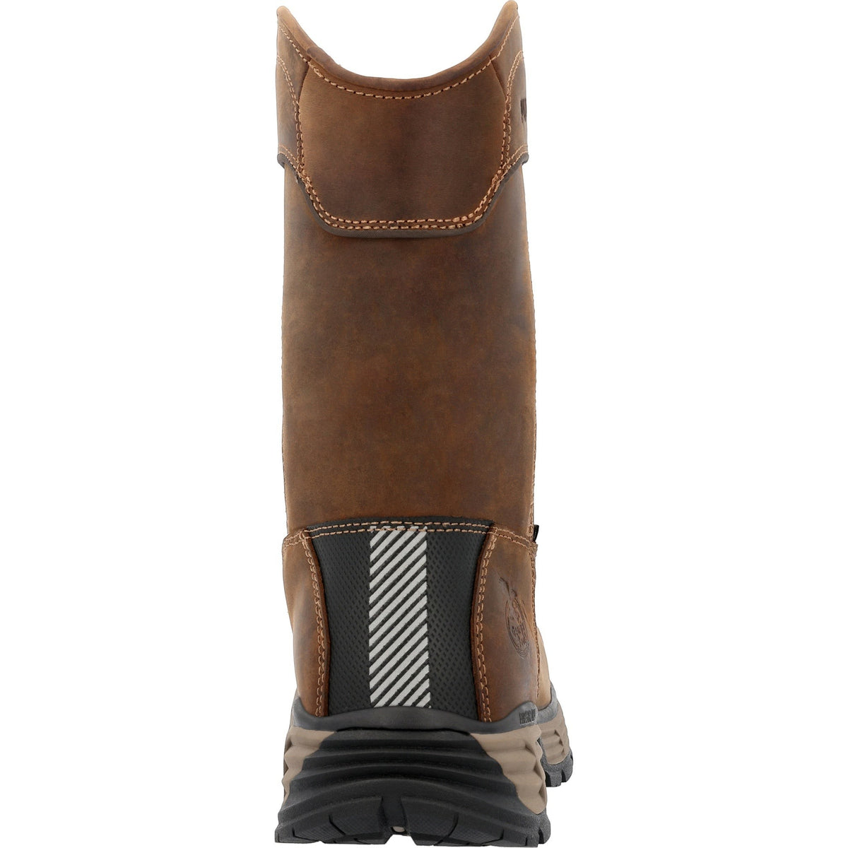 Allen's Bootery brown waterproof pull-on work boot with alloy toe, showing the rear view and reflective grip panel.