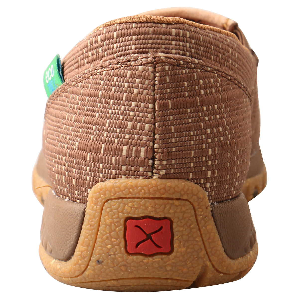 Allen's Bootery brown and coffee woven ecoTWX driving moc with a slip-resistant rubber outsole and rear logo detail.
