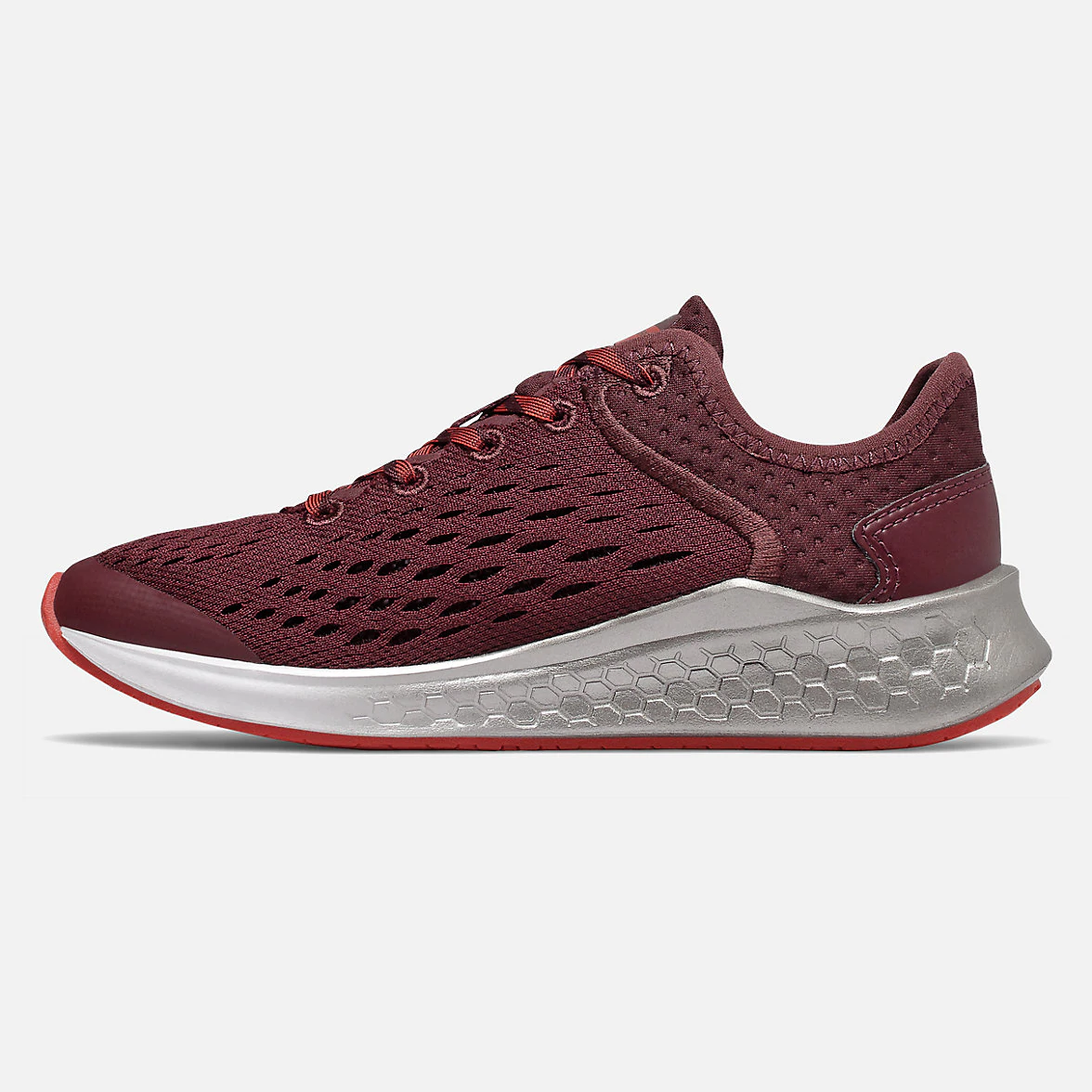 Allen's Bootery burgundy kids' Fresh Foam Fast V1 running shoe with mesh upper and silver cushioned midsole