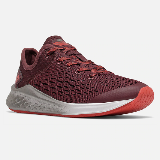 Allen's Bootery burgundy New Balance Fresh Foam Fast v1 kids' running shoe with mesh upper and cushioned midsole.