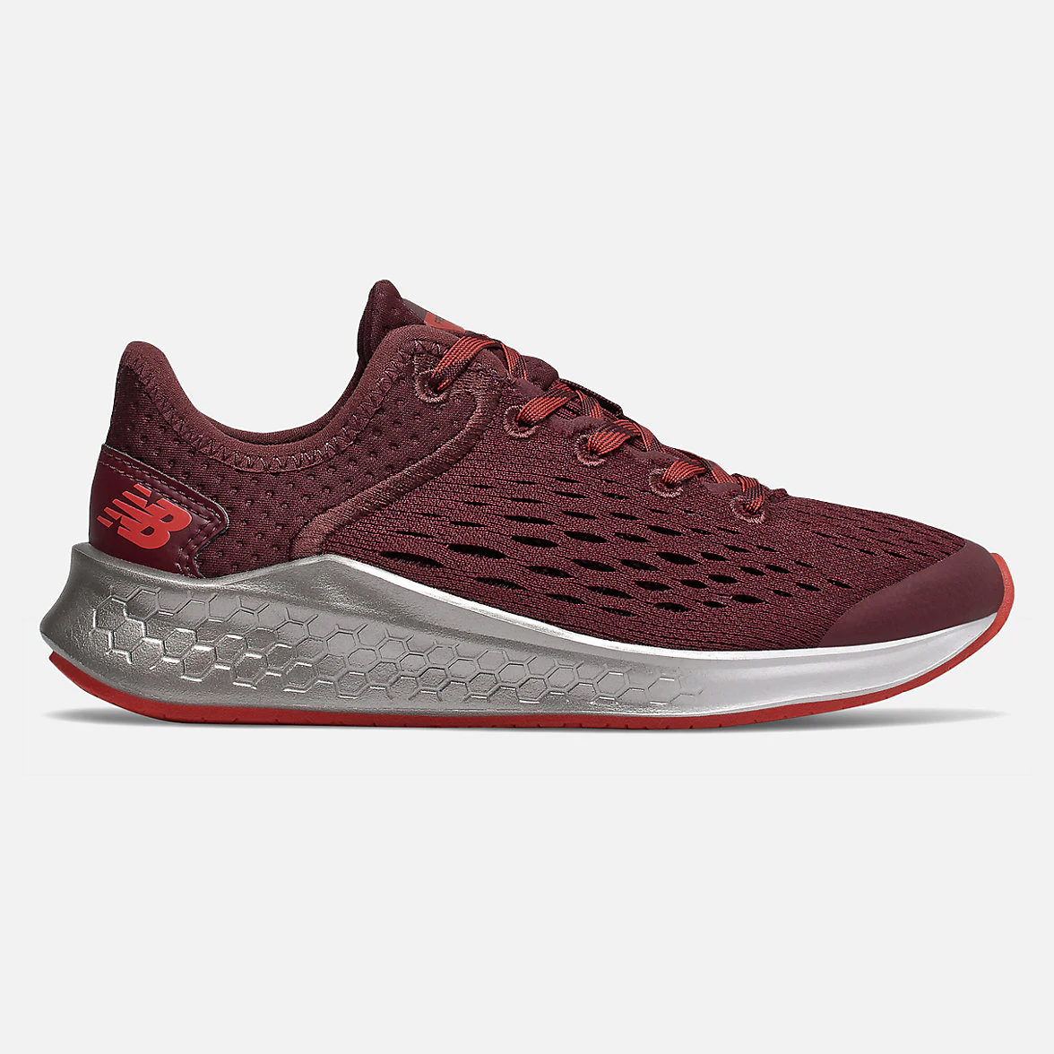 Allen's Bootery burgundy New Balance Fresh Foam Fast v1 kids' running shoe with metallic silver midsole