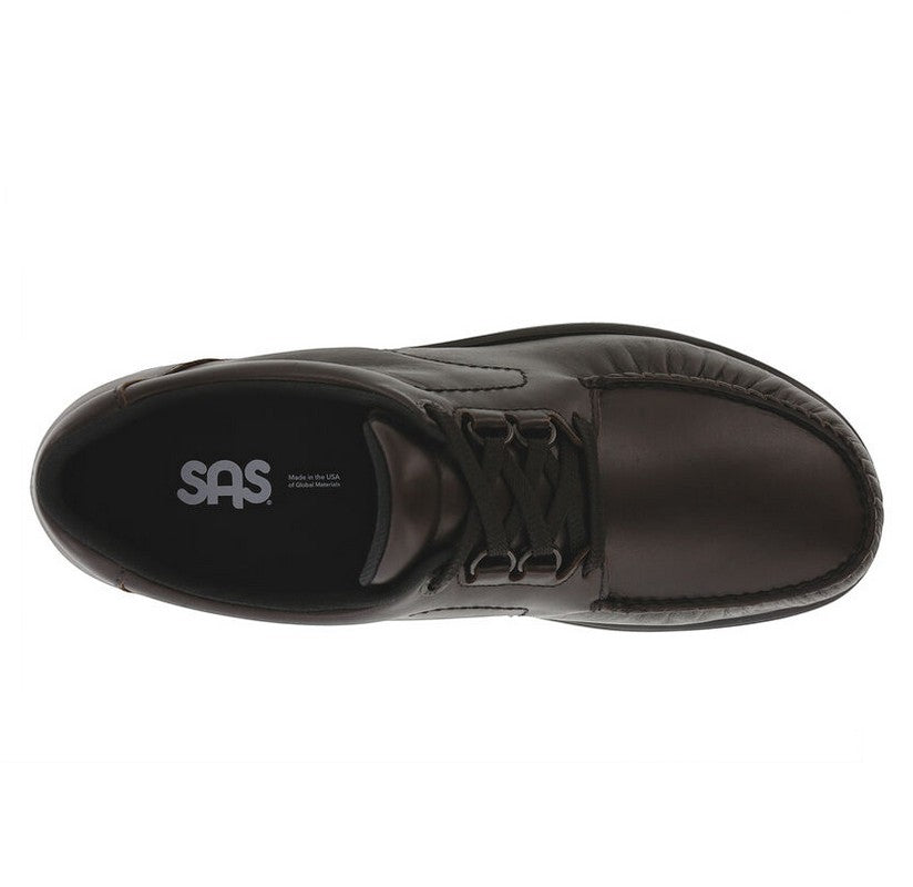Allen's Bootery SAS Bout Time cacao brown leather lace-up loafer with moccasin construction and EZ Lace system.