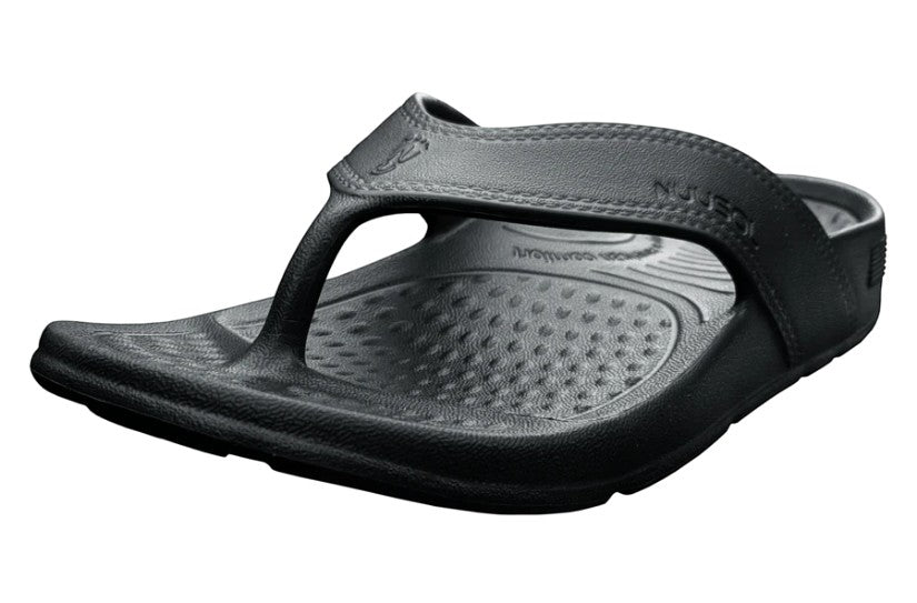 Allen's Bootery Cascade black flip flop with arch support and textured footbed made from lightweight EVASOL foam.