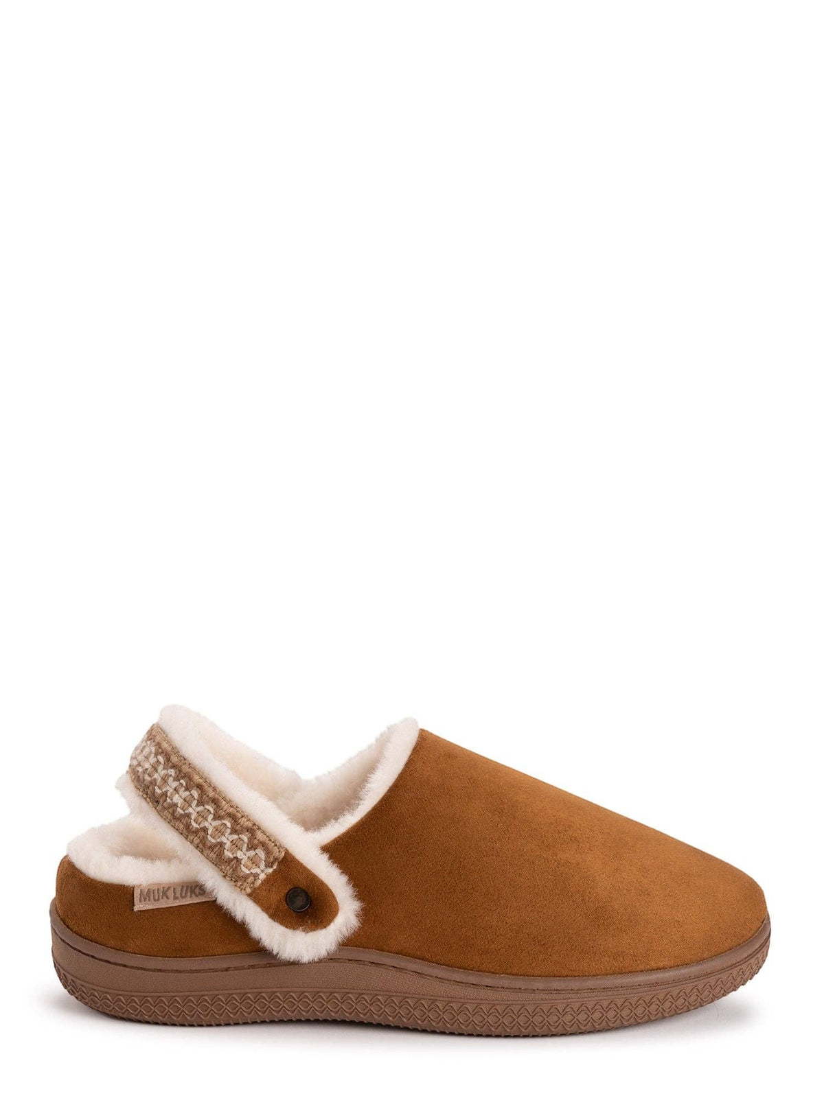Allen's Bootery MUK LUKS chestnut brown convertible clog slipper with faux fur lining and adjustable heel strap