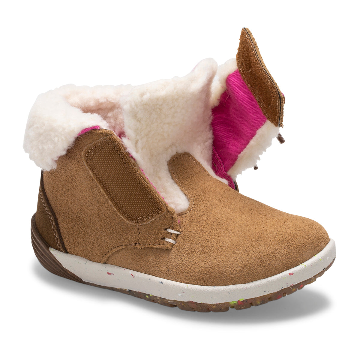 Allen's Bootery chestnut suede infant boot with white faux fur lining, pink accents, and flexible rubber outsole.
