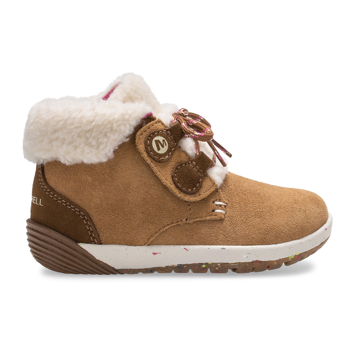 Allen's Bootery chestnut suede toddler boot with white faux fur cuff, adjustable strap, and flexible rubber outsole.
