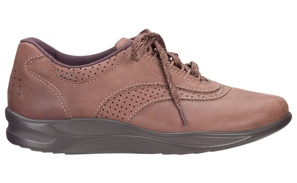 Allen's Bootery Walk Easy chocolate brown leather walking shoe with perforated details and cushioned sole