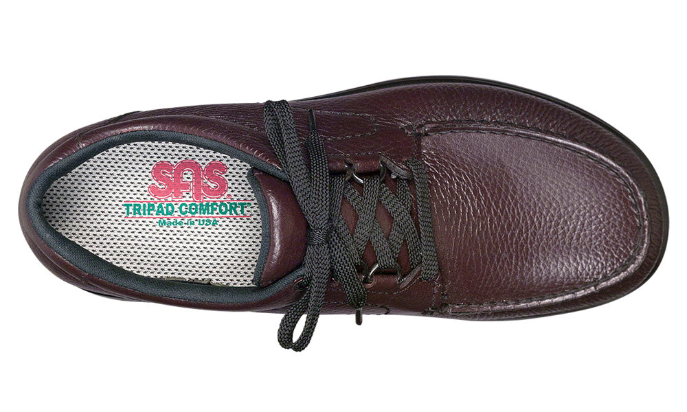 Allen's Bootery SAS Bout Time cordovan leather lace-up loafer with moccasin construction and cushioned footbed
