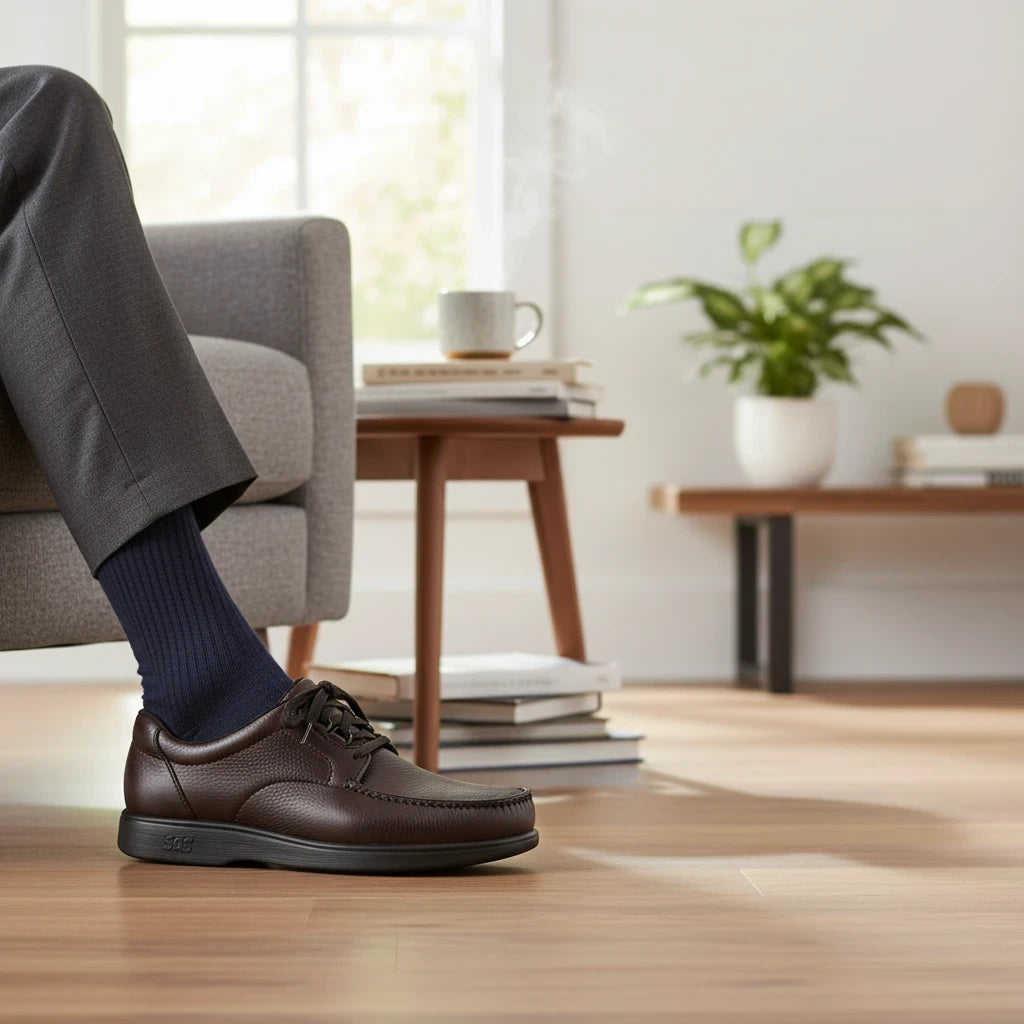 Allen's Bootery Bout Time cordovan leather lace-up loafer worn with grey trousers and navy socks in a living room.