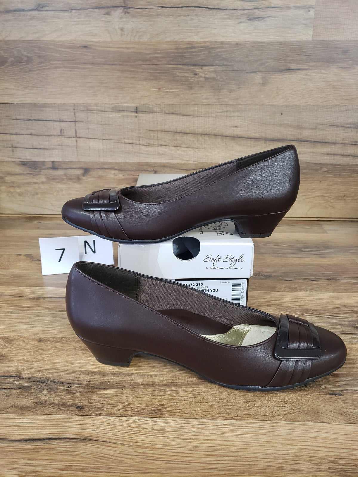 Allen's Bootery dark brown Pleats Be With You closed-toe pumps with pleated buckle detail and low block heel