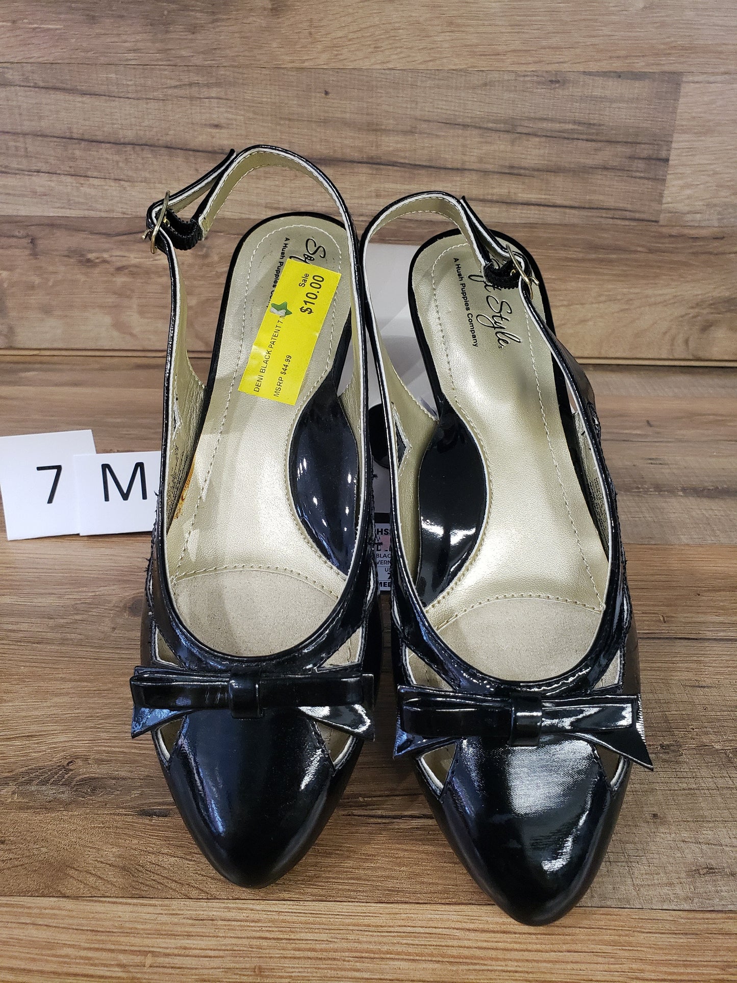 Allen's Bootery Deni black patent leather flat dress shoes with bow detail and adjustable buckle slingback strap