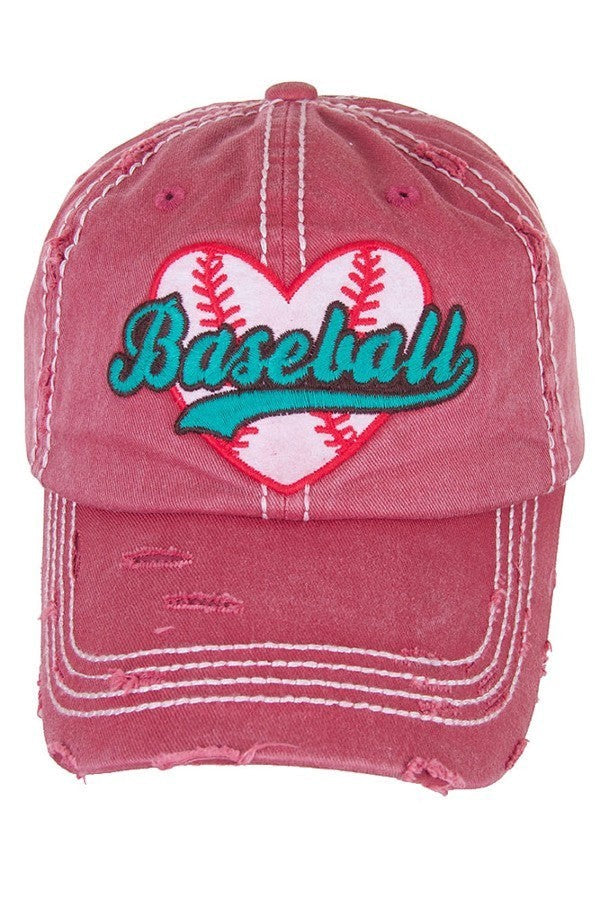 Allen's Bootery distressed red baseball cap featuring a heart-shaped baseball graphic with teal embroidered text.