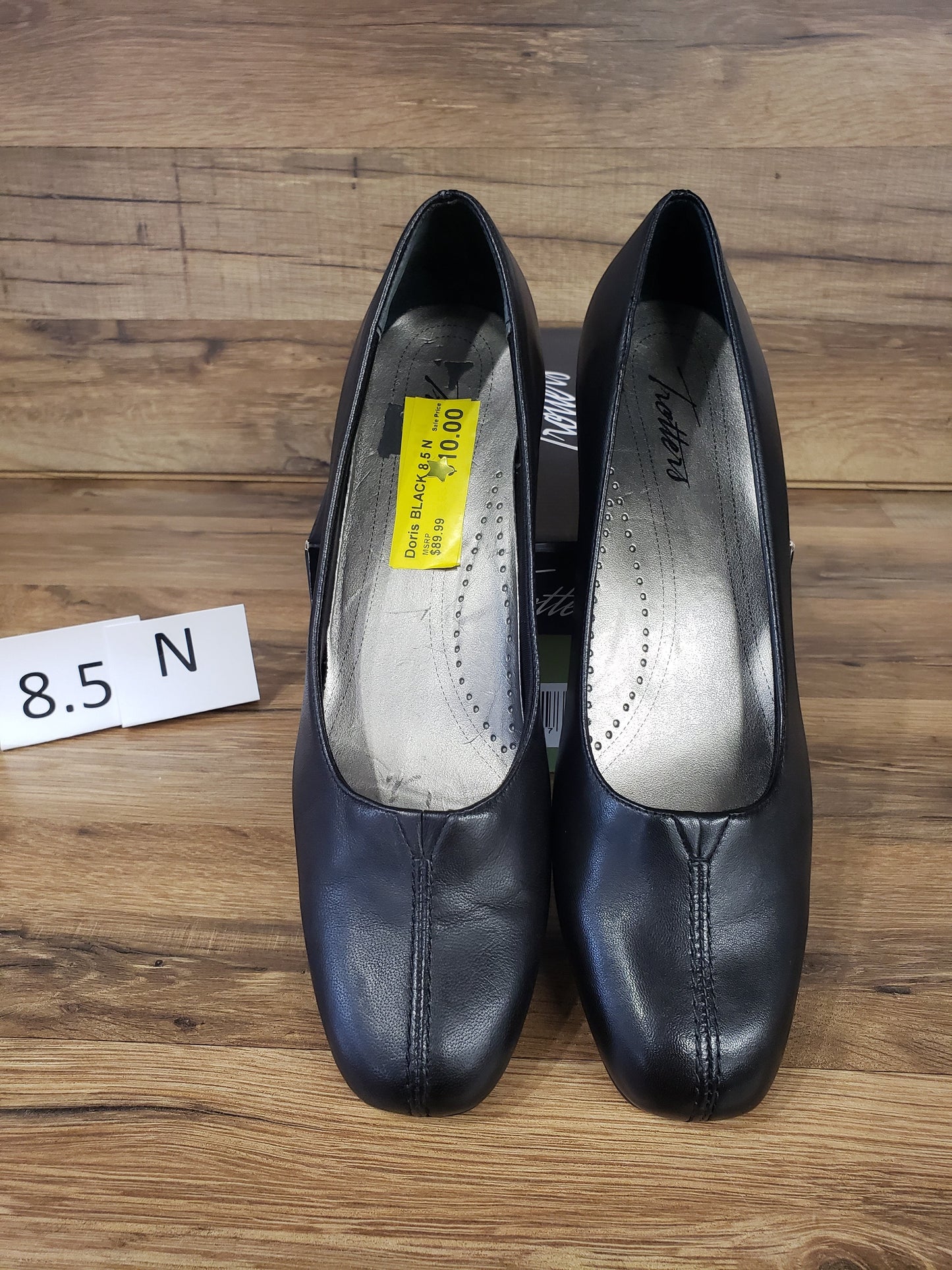 Allen's Bootery Doris black leather pumps with a low heel, cushioned footbed, and v-gore center vamp detail.