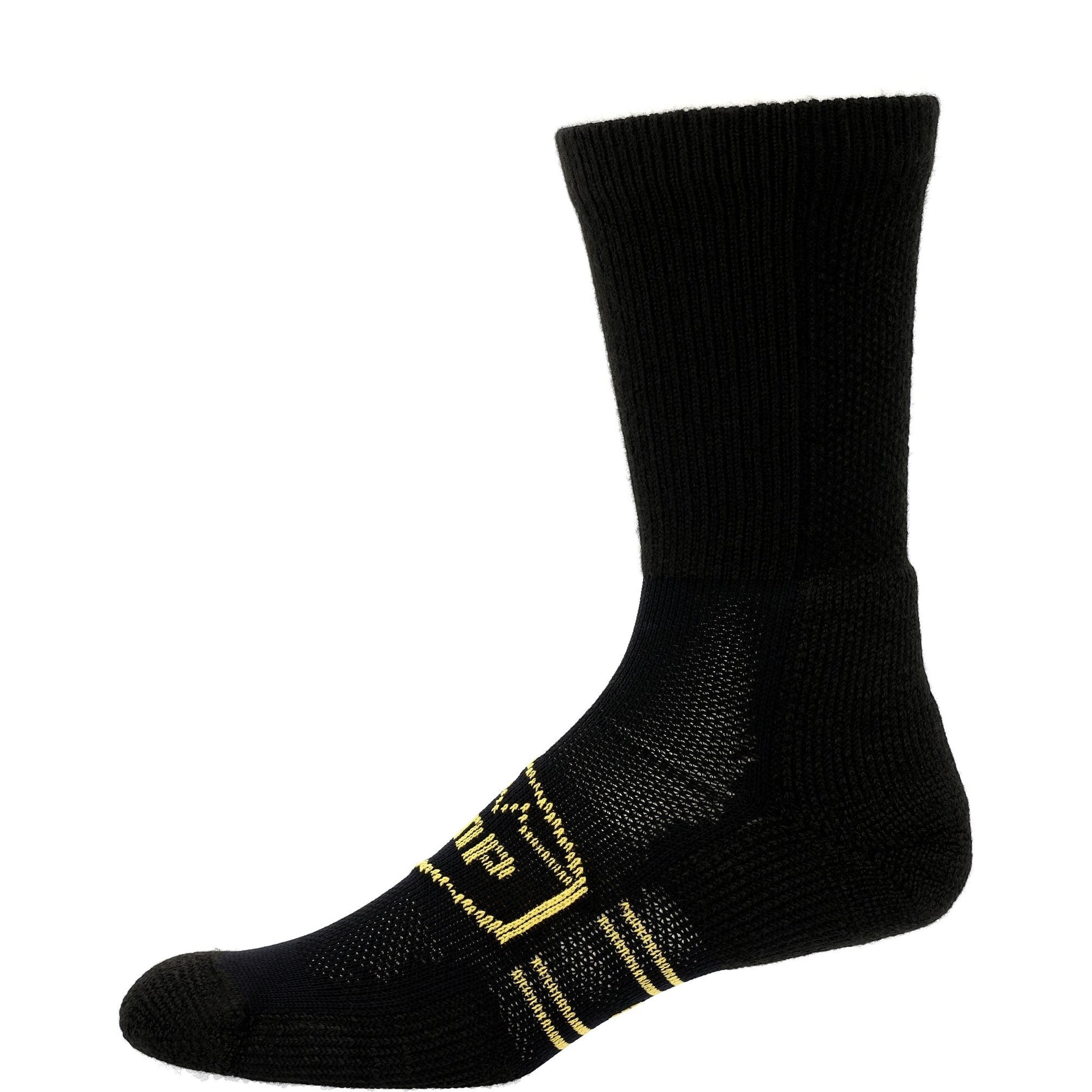 Allen's Bootery Georgia Boot AMP MAX black crew socks with yellow arch compression detail and high-density padding.