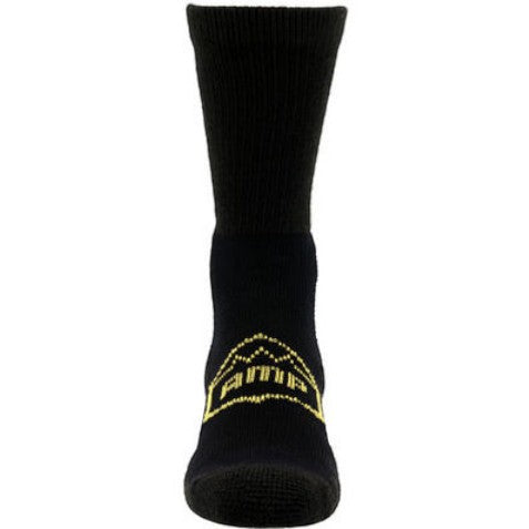 Allen's Bootery Georgia Boot AMP MAX black crew socks with yellow logo detail and high-density padding.