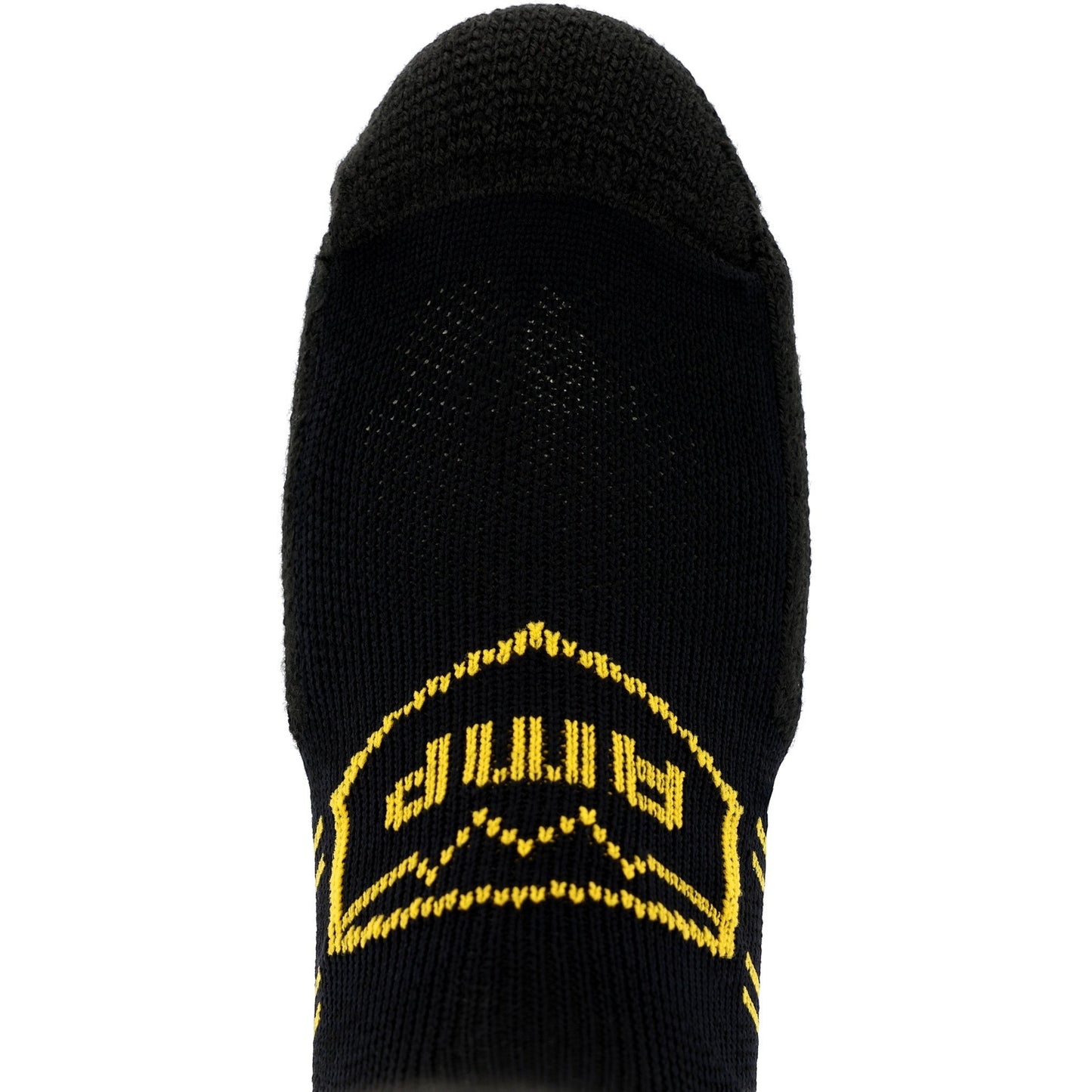 Allen's Bootery Georgia Boot AMP MAX black crew sock with yellow logo detail and reinforced toe padding.