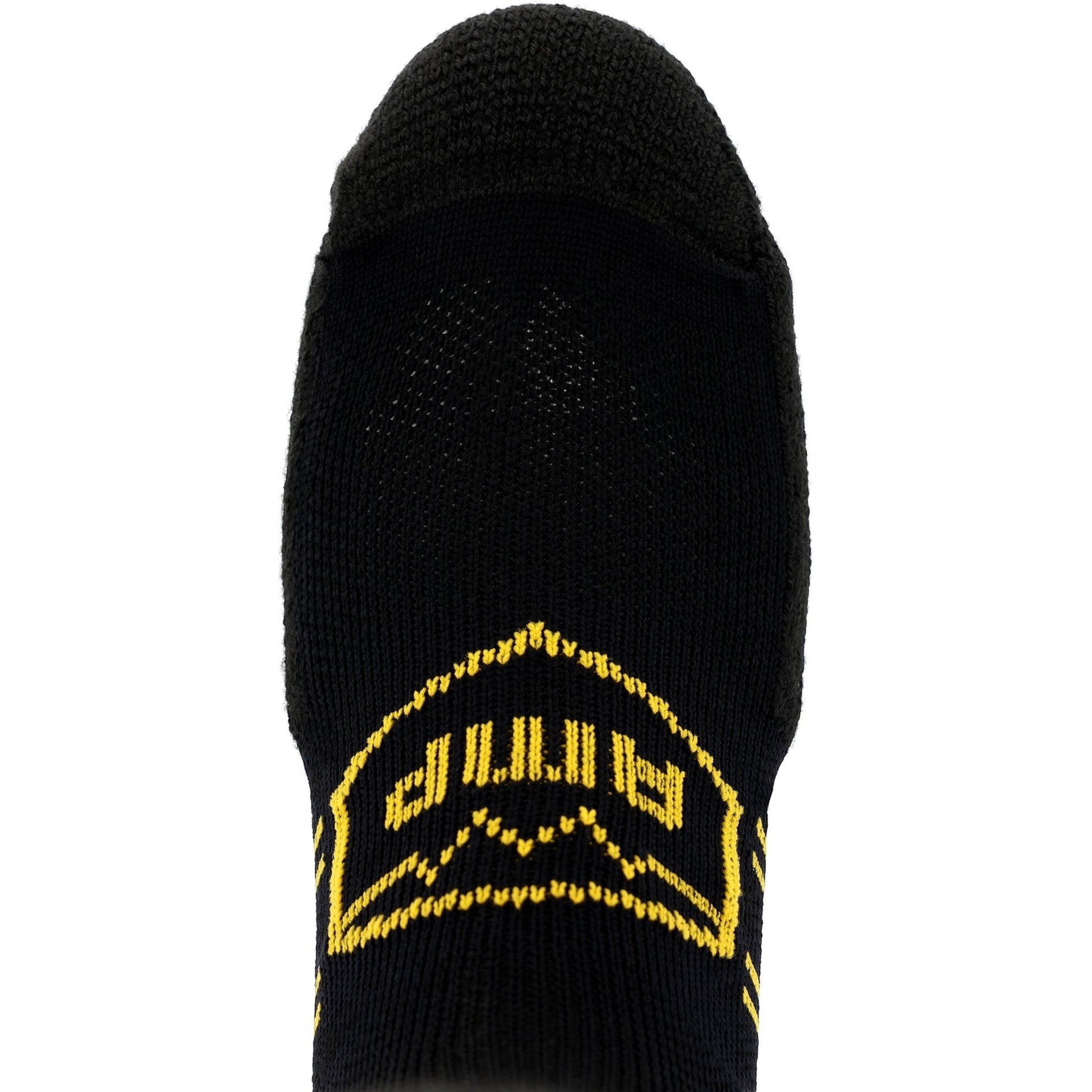 Allen's Bootery Georgia Boot AMP MAX black crew sock with yellow logo detail and reinforced toe padding.