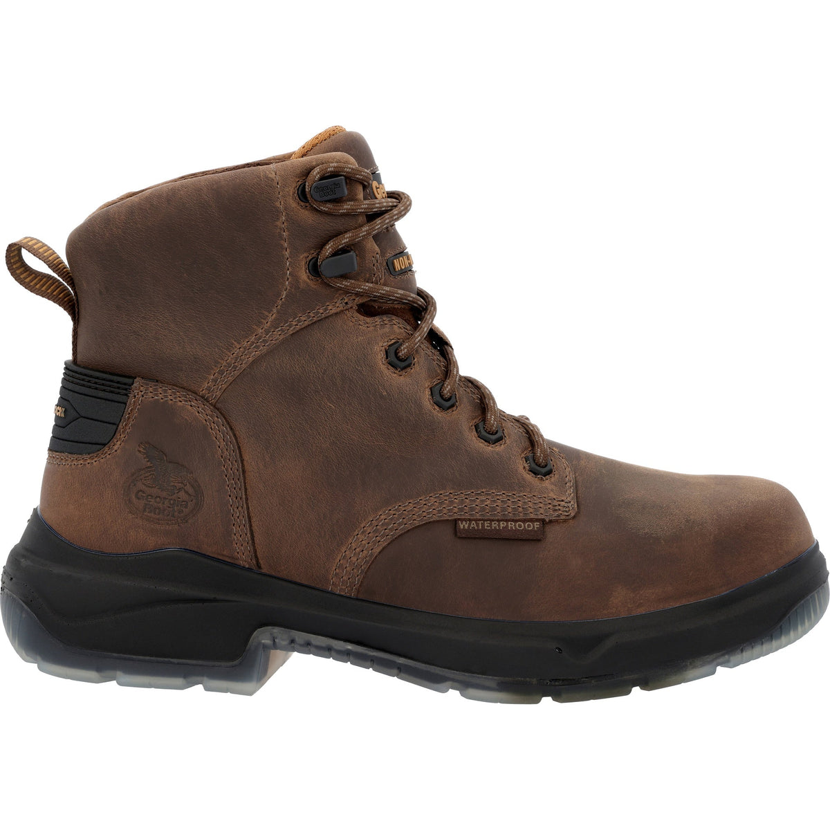 Allen's Bootery brown leather Georgia Boot FLXpoint ULTRA waterproof work boot with composite toe and black TPU sole.