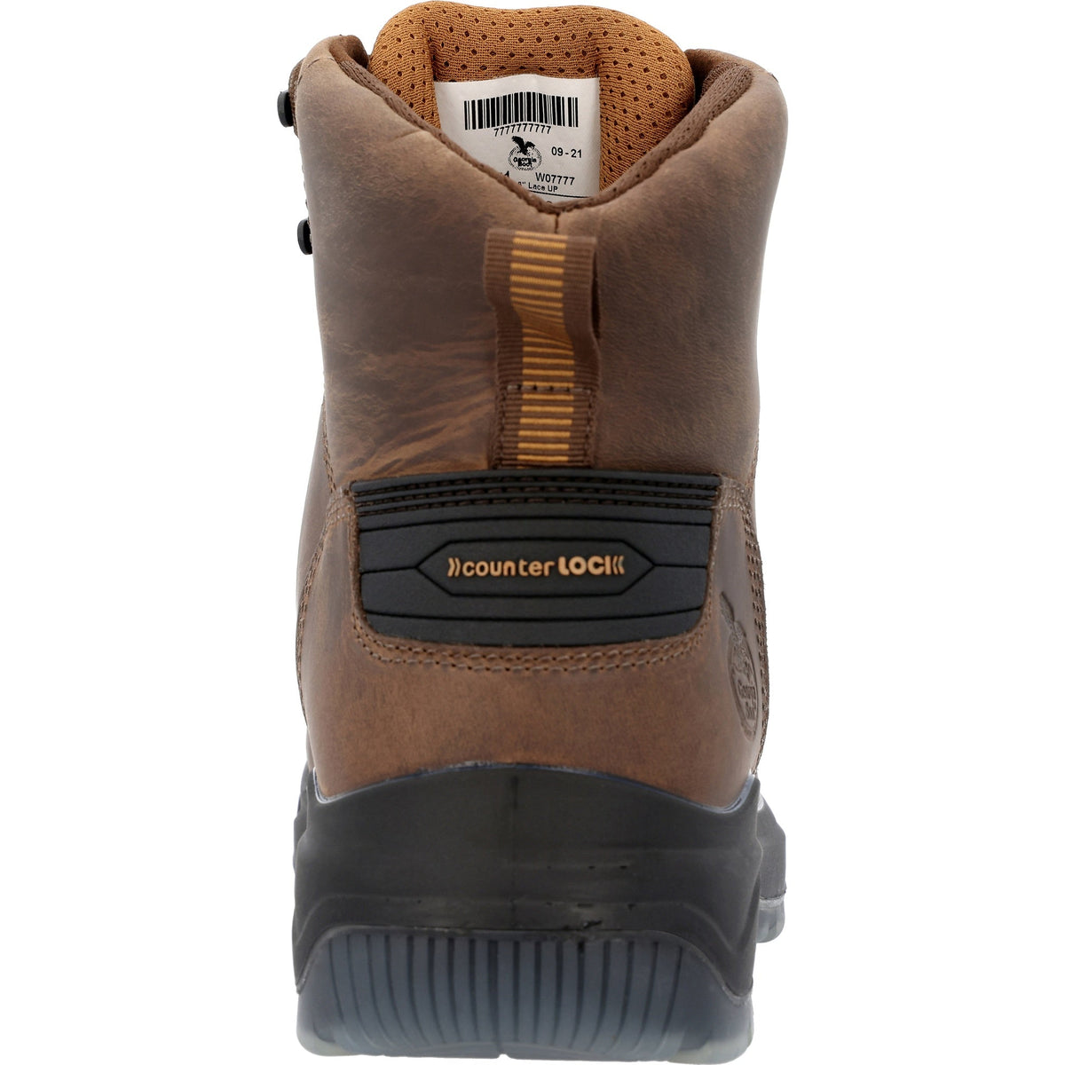 Rear view of Allen's Bootery Georgia Boot FLXpoint ULTRA brown leather waterproof work boot with Counter Lock heel