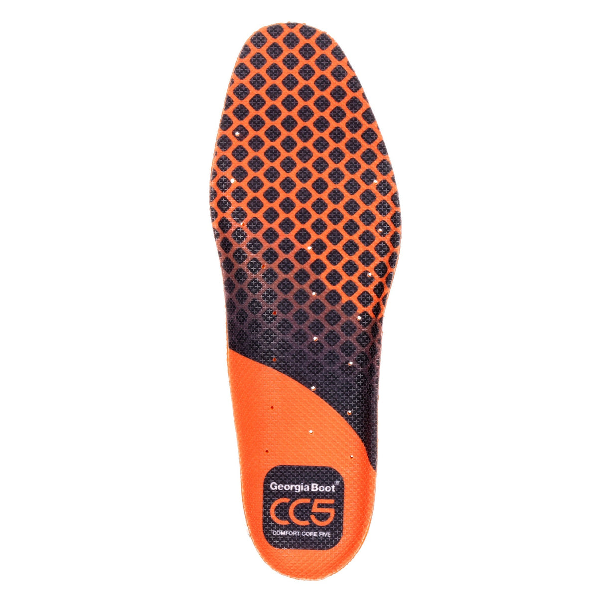 Allen's Bootery Georgia Boot CC5 replacement insole featuring a black and orange ergonomic design with airflow channels