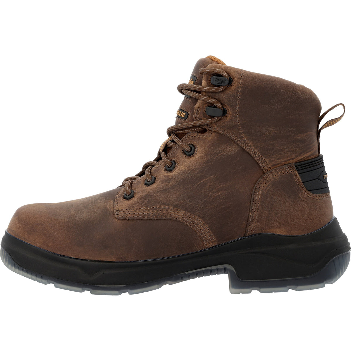 Allen's Bootery Georgia Boot FLXpoint ULTRA brown leather waterproof composite toe work boot with black TPU outsole