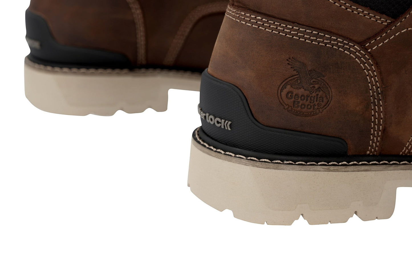 Allen's Bootery Georgia Boot Carbon Flex work boot heel detail with Counter Lock stabilizer and brown leather finish.