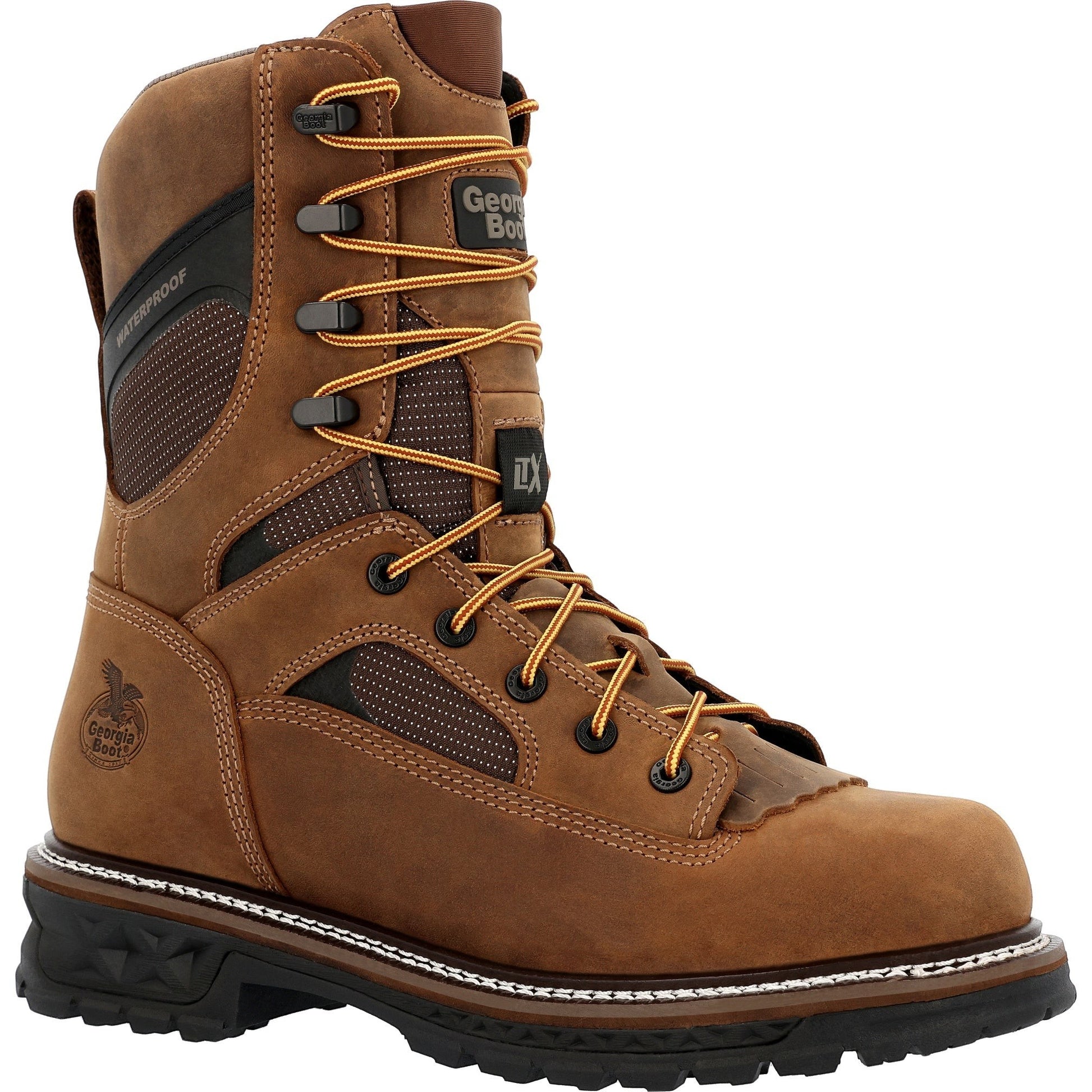 Allen's Bootery Georgia Boot LTX Logger 9-inch brown waterproof composite toe work boot with durable leather upper.