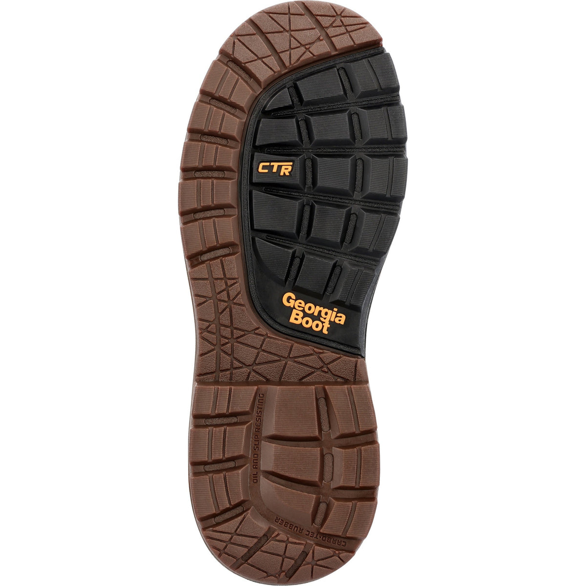 Allen's Bootery Georgia Boot OT waterproof hiker work boot showing the oil and slip resistant Carbo-Tec rubber outsole