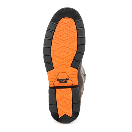 Allen's Bootery Georgia Boot Carbo-Tec LT work boot showing the durable orange and black slip-resistant rubber outsole