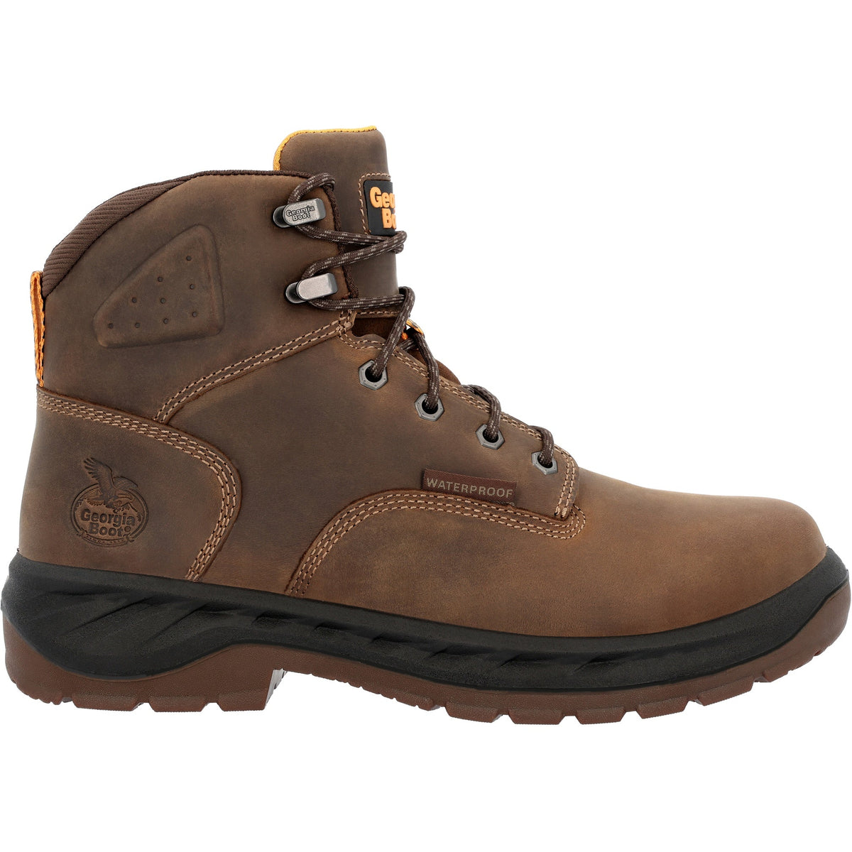 Allen's Bootery Georgia Boot men's brown leather waterproof work boot with alloy safety toe and durable rubber outsole.