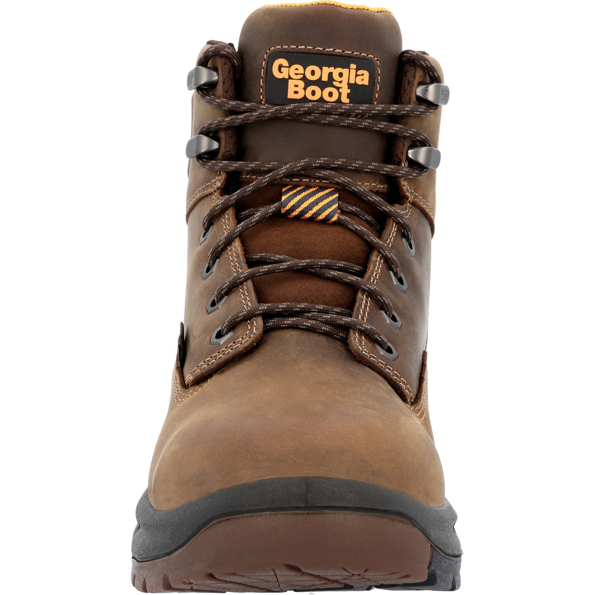 Allen's Bootery Georgia Boot men's brown waterproof work boot with alloy safety toe and durable rubber outsole.
