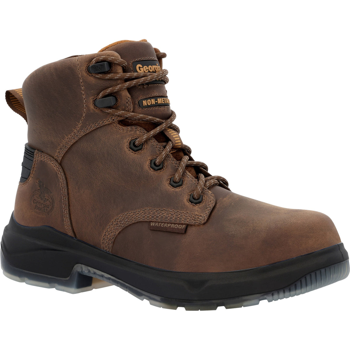 Allen's Bootery Georgia Boot FLXpoint ULTRA brown leather waterproof composite toe work boot with non-metallic design.
