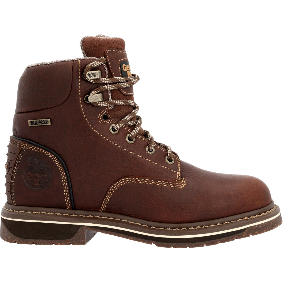 Allen's Bootery Georgia Boot women's brown waterproof alloy toe work boot with leather upper and defined heel