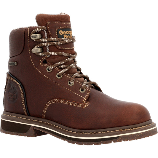 Allen's Bootery Georgia Boot women's waterproof alloy toe work boot in brown full-grain leather with lace-up design.