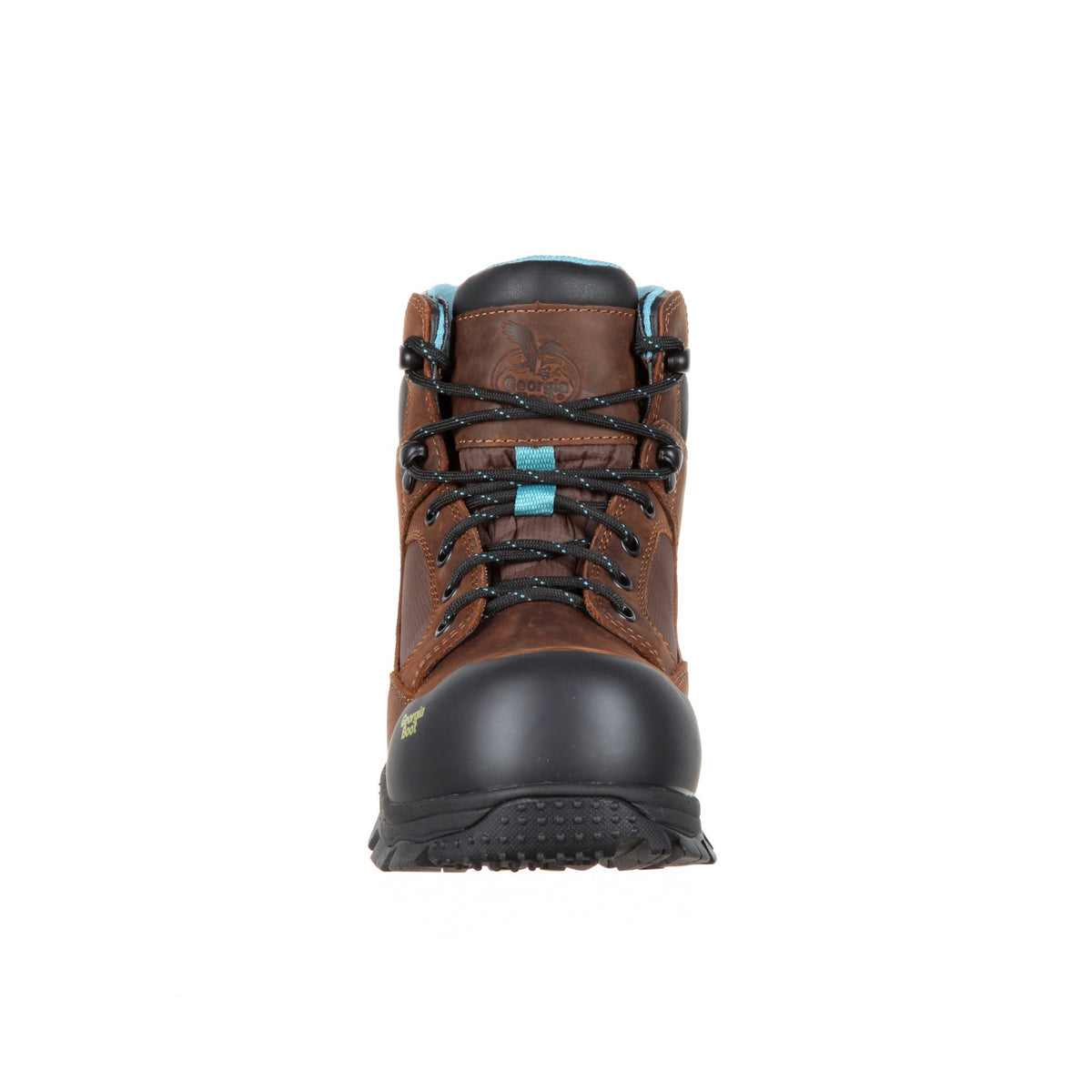 Allen's Bootery Georgia Boot women's brown leather waterproof work boot with composite toe and blue accents
