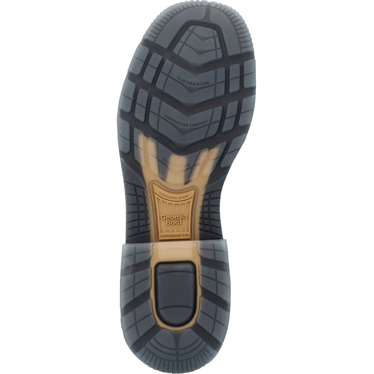 Allen's Bootery Georgia Boot FLXpoint ULTRA work boot outsole featuring a slip-resistant tread and suspension shank.