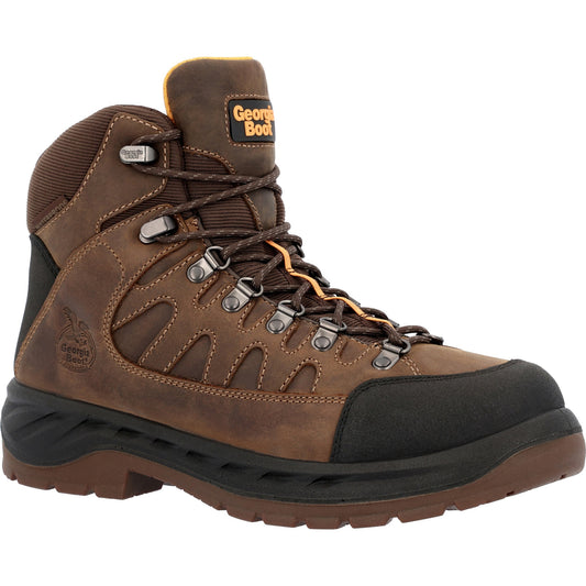 Allen's Bootery Georgia Boot waterproof hiker work boot in brown leather with a durable black toe and heel cap.