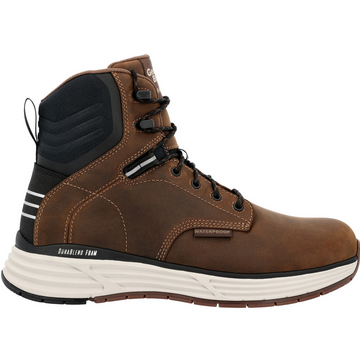 Allen's Bootery Georgia Boot DuraBlend waterproof work boot in brown leather with a white midsole and black accents.