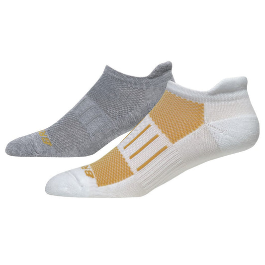 Allen's Bootery Ghost 2-pack athletic socks in grey and white with golden yellow accents and achilles tab