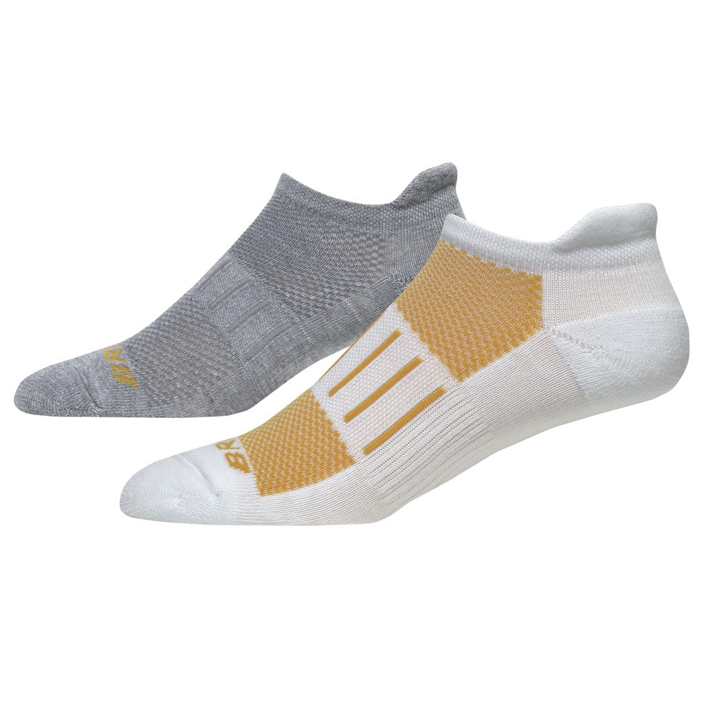 Allen's Bootery Ghost 2-pack athletic socks in white, golden hour, and grey with arch compression and heel tabs.