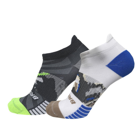 Allen's Bootery Ghost Lite no-show running socks in a 2-pack with black and white mountain-inspired swirl patterns.