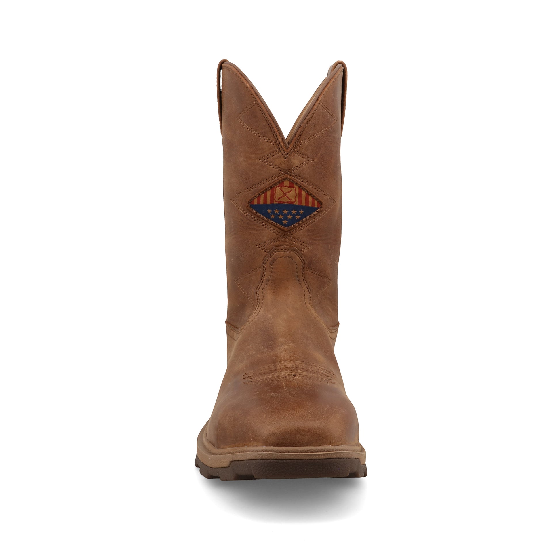 Allen's Bootery ginger leather UltraLite X work boot with American flag diamond patch and waterproof Nano toe.