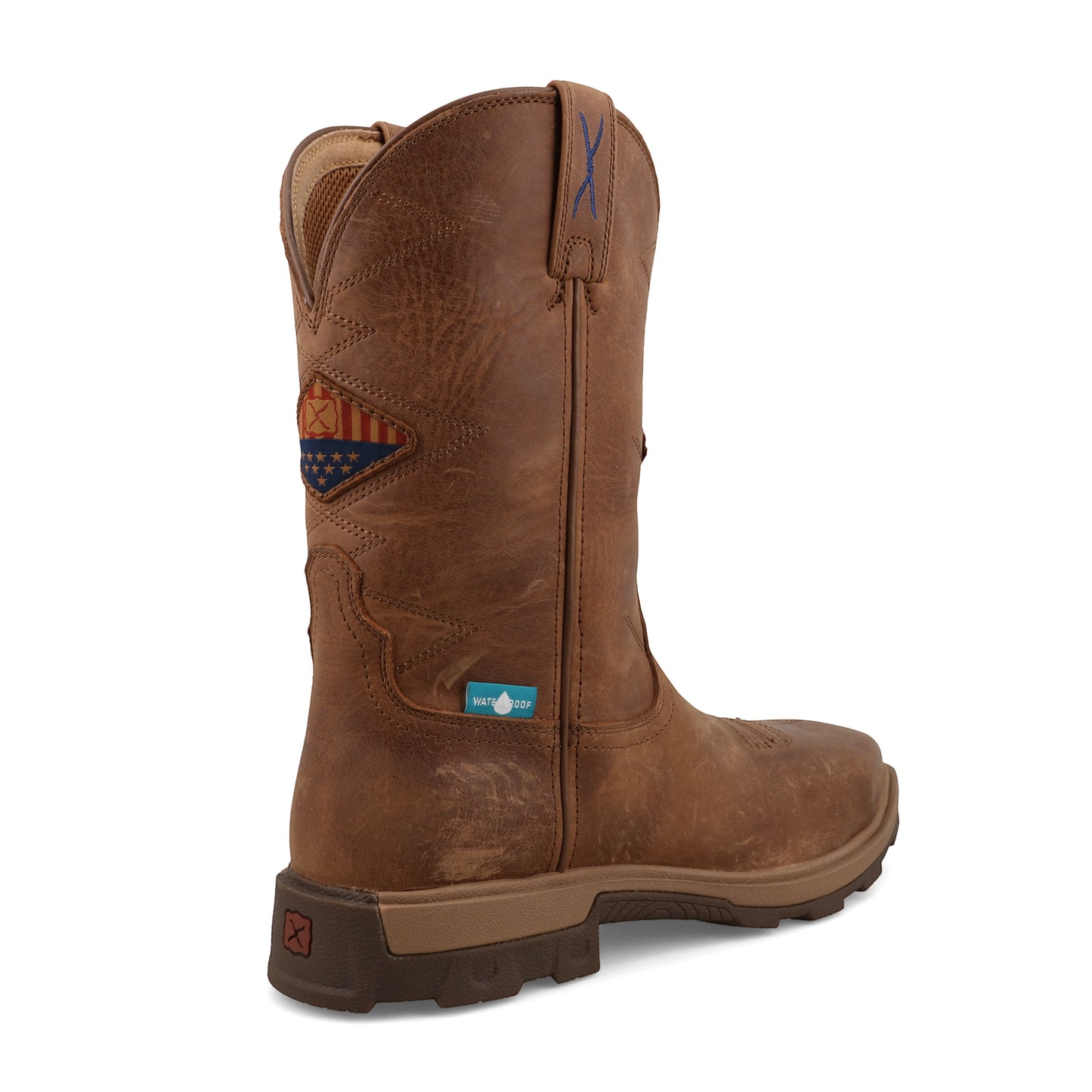 Allen's Bootery ginger leather UltraLite X waterproof work boot with American flag patch and Nano toe, back view.