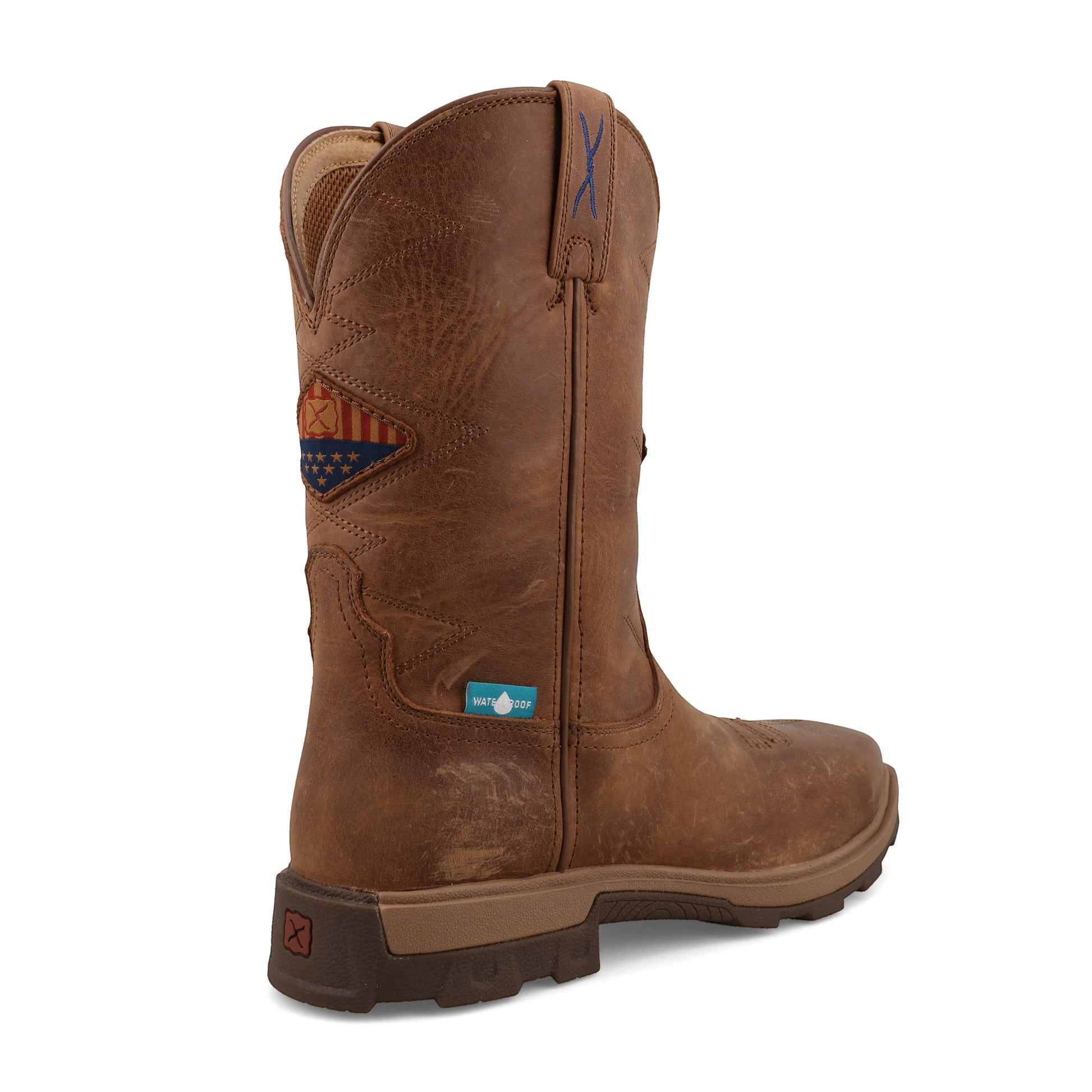 Allen's Bootery ginger leather UltraLite X waterproof work boot with American flag patch and Nano toe, back view.
