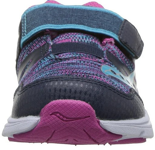 Allen's Bootery navy and multi-colored girls' athletic sneaker with mesh and leather upper and hook-and-loop strap.